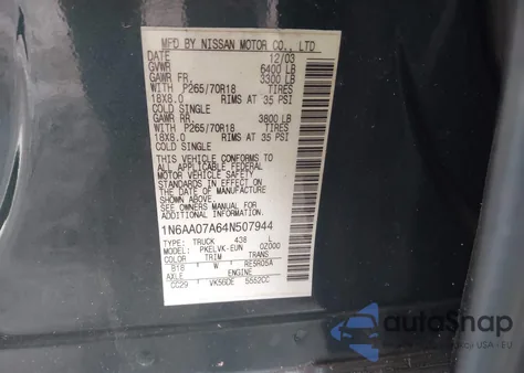 2004 Nissan Titan Le из США, поврежденный, VIN 1N6AA07A64N507944